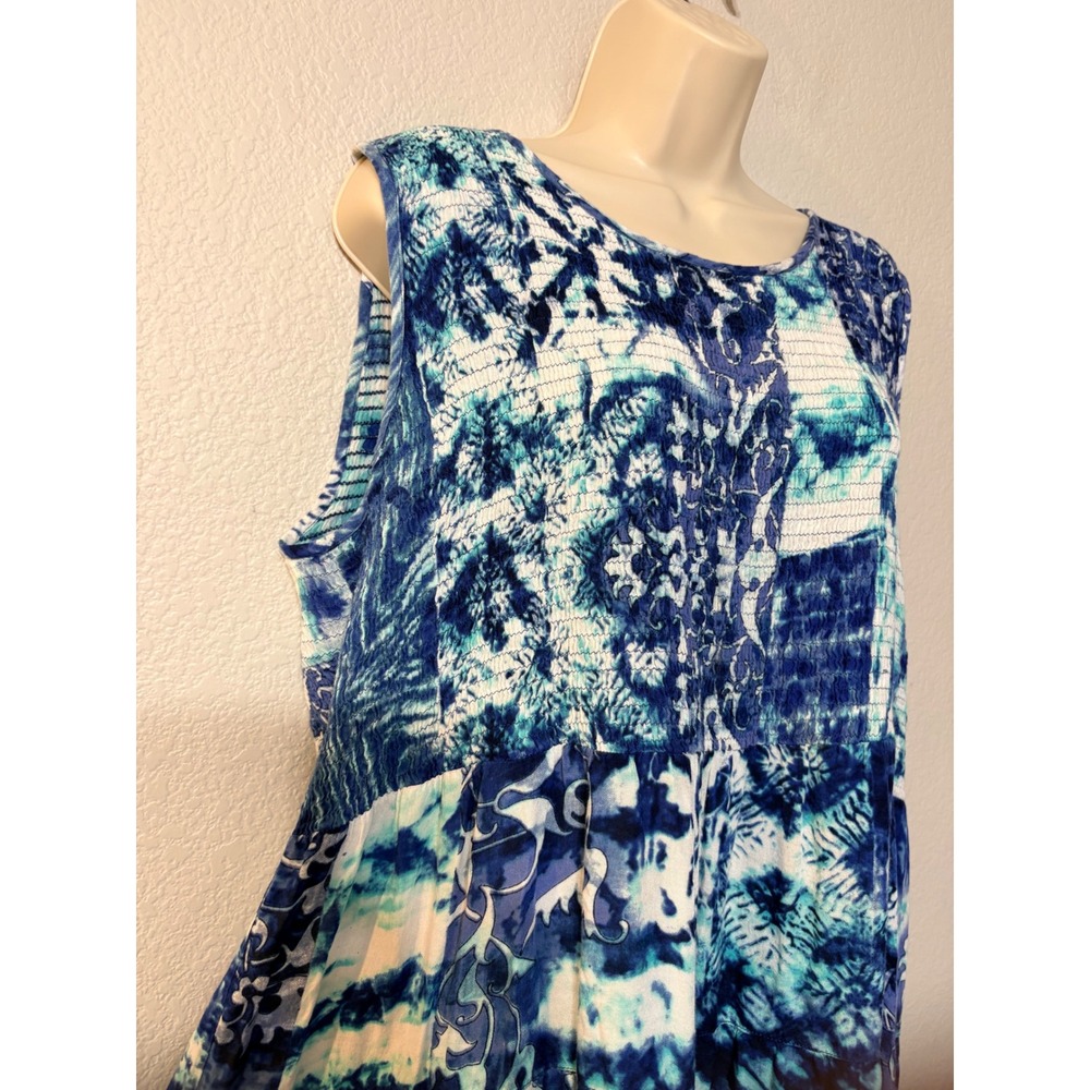 La Cera Blue Patchwork Batik Smocked Tiered Midi Dress Sleeveless Rayon Boho - Picture 6 of 14